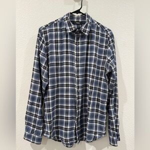 Theory Men’s Clean Shirt Flannel Plaid Donny Blue White Black Cotton Button S